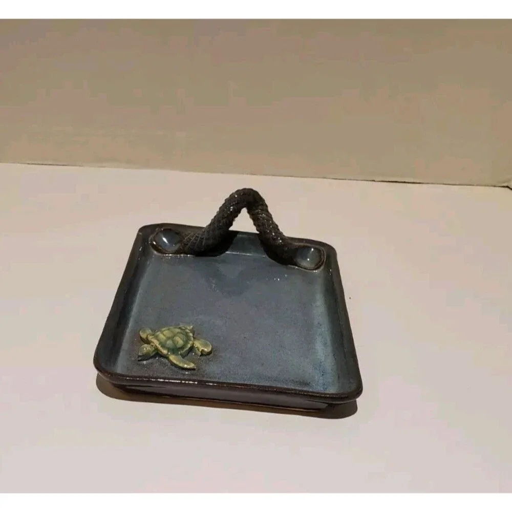 Turtle Soap Dish Tray W/ Raised & Scaley Snake Handle Decor Tray Rare